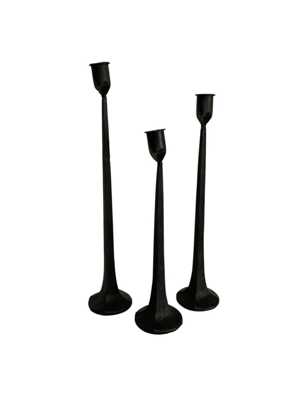 Set Of 3 Black Cast Iron Gothic Brutalist Candlestick Holders